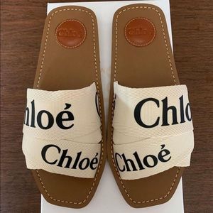 Chloé Woody Flat Logo Ribbon Slide Sandal